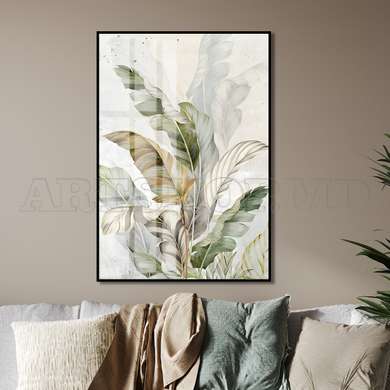 Poster - Tropical green leaves, 60 x 90 см, Framed poster on glass, Botanical