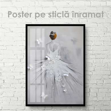 Poster - Girl in a white dress with flowers and butterflies, 30 x 45 см, Canvas on frame