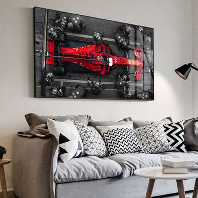 Poster - Formula 1 roșie și echipa sa, 90 x 60 см, Poster inramat pe sticla