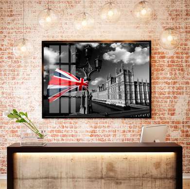 Poster - British flag on the background of a black and white city, 90 x 60 см, Framed poster, Black & White