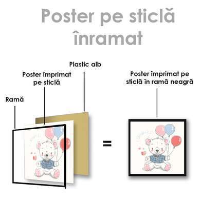 Постер - Мишка с шариками, 100 x 100 см, Постер на Стекле в раме, Для Детей
