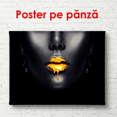 Poster - Golden lips on a gray background, 90 x 60 см, Framed poster, Glamour