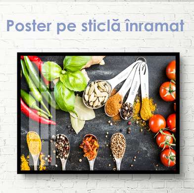 Poster - Condimente diferite în linguri, 90 x 60 см, Poster inramat pe sticla, Alimente și Băuturi