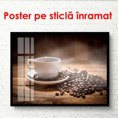 Постер - Чашка кофе на столе, 90 x 60 см, Постер в раме, Еда и Напитки