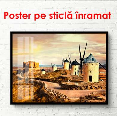 Poster - Mori de vânt pe câmp, 90 x 60 см, Poster înrămat, Orașe și Hărți