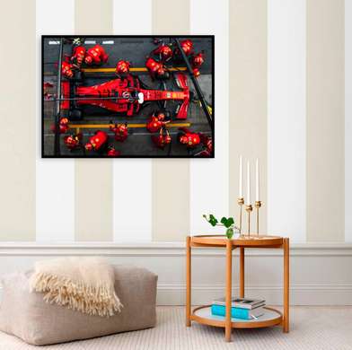 Poster - Formula 1 roșie și echipa sa, 45 x 30 см, Panza pe cadru