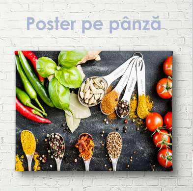 Poster - Condimente diferite în linguri, 90 x 60 см, Poster inramat pe sticla, Alimente și Băuturi