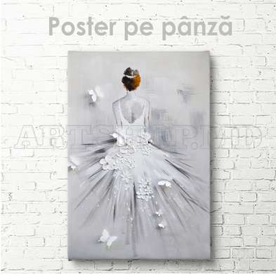 Poster - Fată în rochie albă cu flori și fluturi, 30 x 45 см, Panza pe cadru, Fantezie