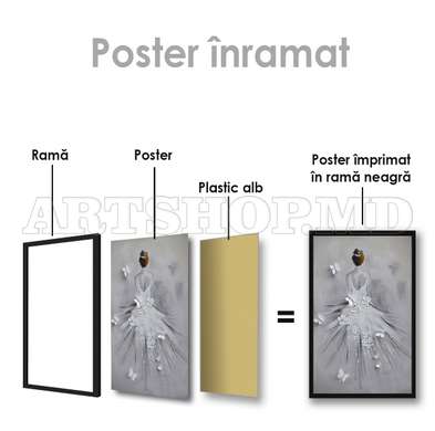 Poster - Fată în rochie albă cu flori și fluturi, 30 x 45 см, Panza pe cadru, Fantezie