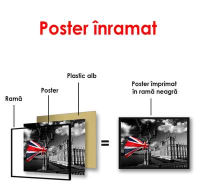 Poster - Steagul britanic pe un fundal al orașului alb-negru, 90 x 60 см, Poster înrămat, Alb Negru