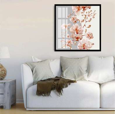 Poster - Pink orchid branch on a gray-white background, 40 x 40 см, Canvas on frame, Botanical
