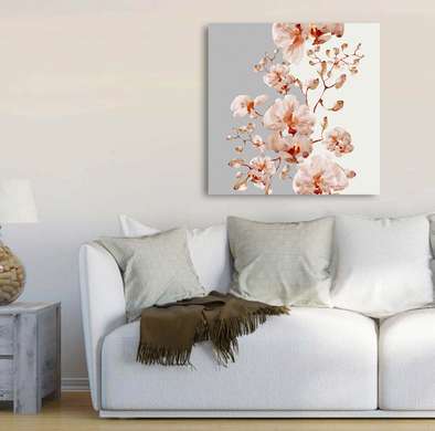 Poster - Pink orchid branch on a gray-white background, 40 x 40 см, Canvas on frame, Botanical