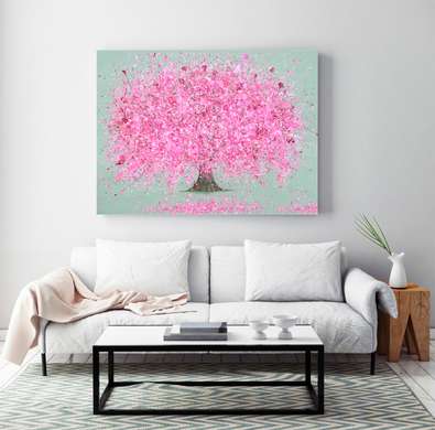 Постер - Copacul cu flori roz, 90 x 60 см, Постер на Стекле в раме, Природа