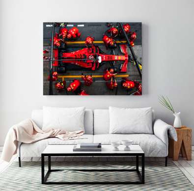 Poster - Red Formula 1 and her team, 90 x 60 см, Framed poster on glass