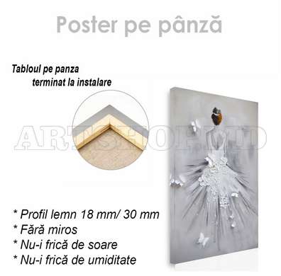 Poster - Fată în rochie albă cu flori și fluturi, 30 x 45 см, Panza pe cadru, Fantezie