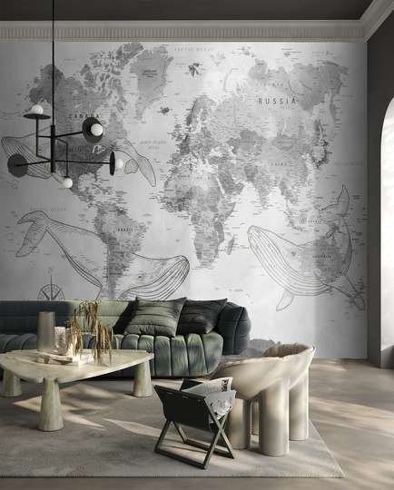 Wall mural - World map with whales in shades of gray