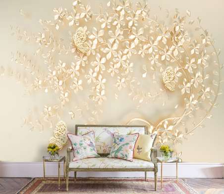 Wall Mural - Beige tree with flowers and butterflies in golden hues