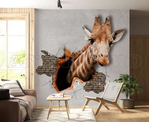 Fototapet - Girafă pe un perete spart