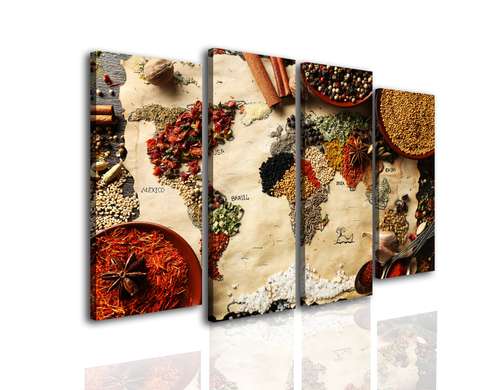 Tablou Pe Panza Multicanvas, Harta lumii simulată din condimentele tradiționale, 106 x 60, 106 x 60