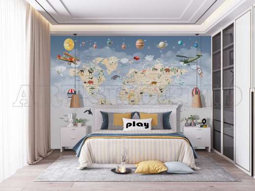 Nursery Wall Mural - World map with planets, animals and balloons