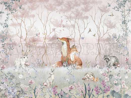 Wall Mural - Foxes and cute animals in the pink forest