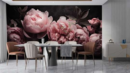 Wall mural - Pink peonies on a black background
