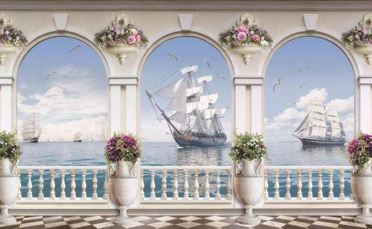 Wall Mural - Seagulls fly over ships