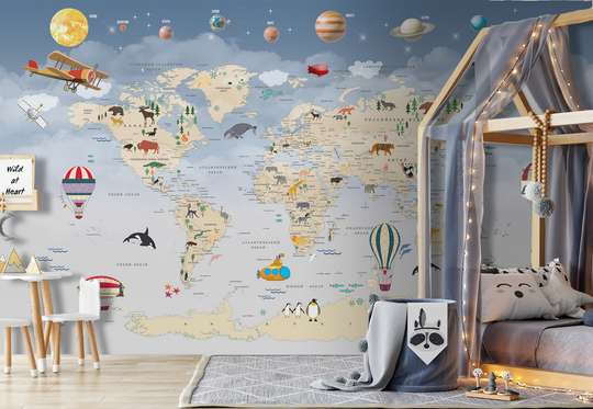 Nursery Wall Mural - World map with planets, animals and balloons