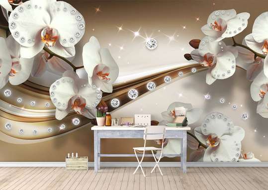 3D Wallpaper - White orchids on an abstract brown background