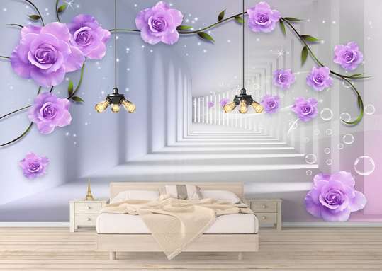 3D Wallpaper - Purple roses on the background of a gray corridor