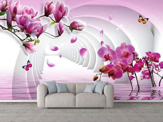 3D Wallpaper - Pink magnolia flowers on the background of a 3D tunnel