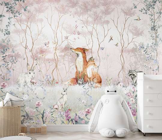 Wall Mural - Foxes and cute animals in the pink forest