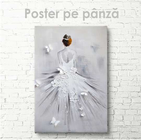 Poster, Fată în rochie albă cu flori și fluturi, 30 x 45 см, Panza pe cadru