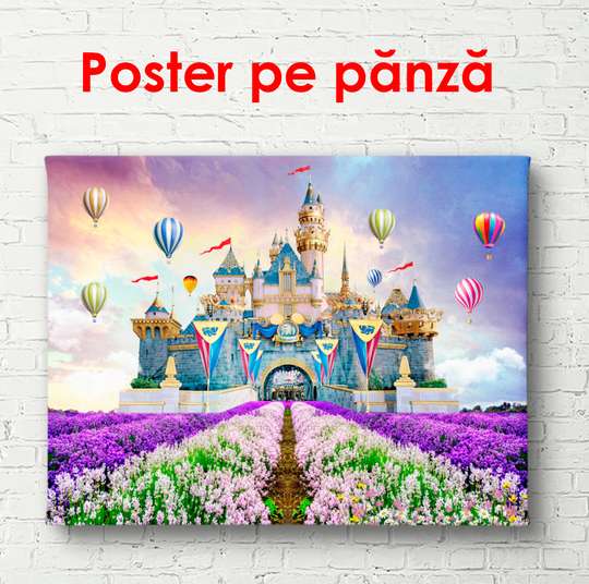Постер - Замок на фоне лавандового поля, 90 x 60 см, Постер в раме, Для Детей