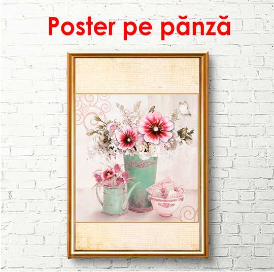 Постер - Нежные букеты из розовых цветов в зеленой вазе, 60 x 90 см, Постер в раме