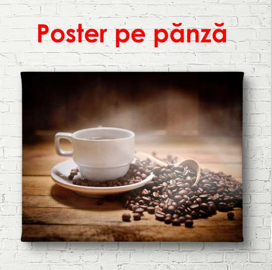 Постер - Чашка кофе на столе, 90 x 60 см, Постер в раме