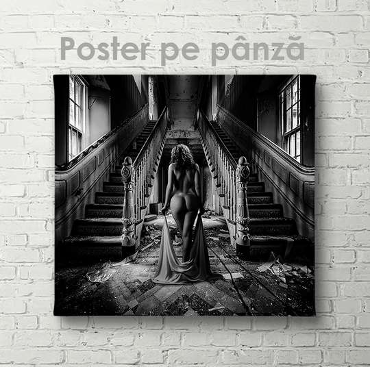 Постер - Девушка в старом доме, 40 x 40 см, Холст на подрамнике, Ню