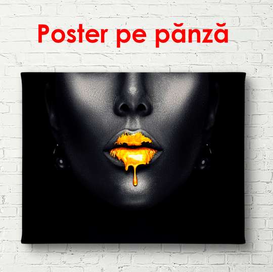 Poster - Golden lips on a gray background, 90 x 60 см, Framed poster