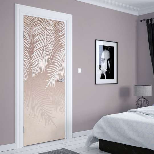 Stickere 3D pentru uși, Frunze de palmier pe fundal bej, 60 x 90cm