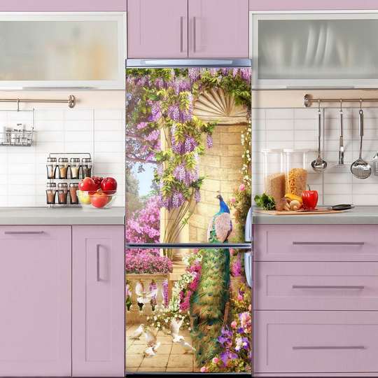 3Д наклейка на дверь, павлины и фиолетовые цветы, 60 x 90cm, Наклейка на Дверь