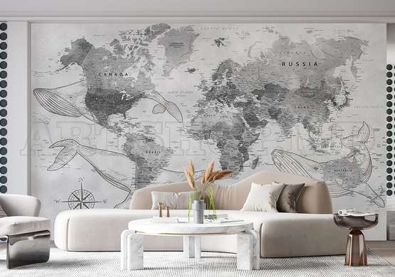 Wall mural - World map with whales in shades of gray