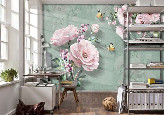 Wall Mural - Pale pink flowers on a green background