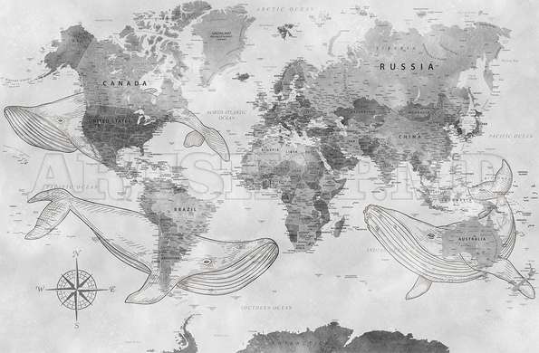 Wall mural - World map with whales in shades of gray