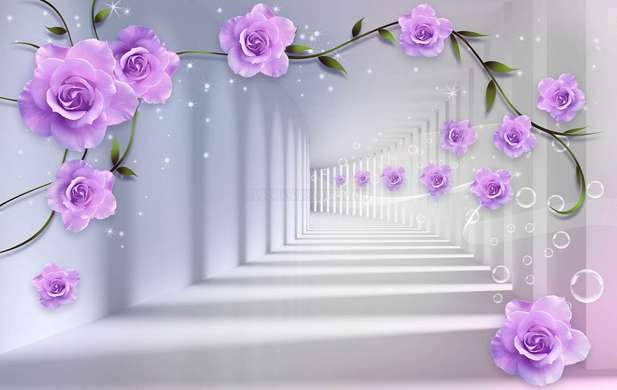 3D Wallpaper - Purple roses on the background of a gray corridor