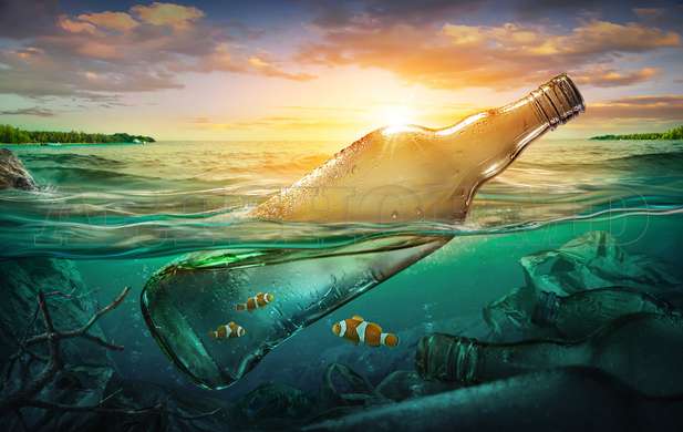 Modular picture, Bottle in the sea with fish, 108 х 60