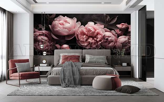 Wall mural - Pink peonies on a black background