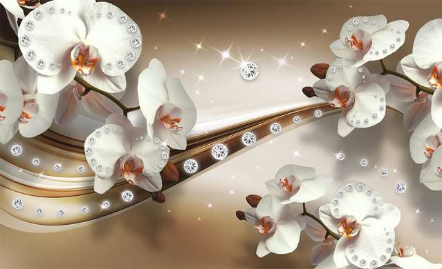 3D Wallpaper - White orchids on an abstract brown background