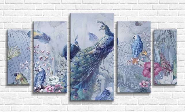 Tablou Pe Panza Multicanvas, Păun grațios și alte păsări, 206 x 115