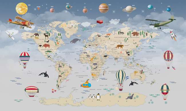 Fototapet - Harta lumii cu planete, animale și baloane cu aer cald