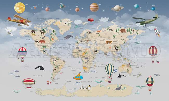 Nursery Wall Mural - World map with planets, animals and balloons